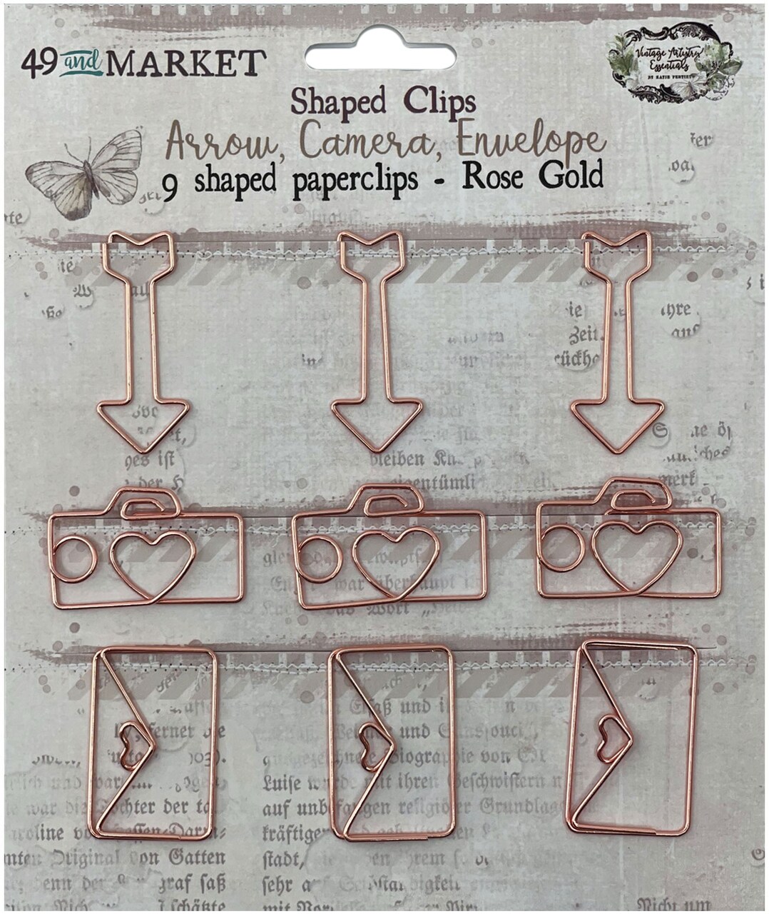 49 And Market Foundations Paper Clips 9/Pkg-Arrow, Camera, Envelope In Rose Gold